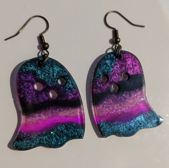 Hand Crafted Jewelry - Ghost Halloween Earrings Brass Handmade Sparkly Galaxy Colorful Cute Spooky Art